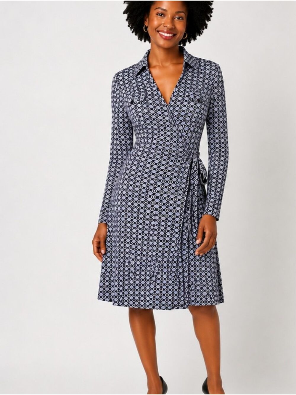 Denny Rose Wrap Dress Large Eggplant Gray Black Geometric Print